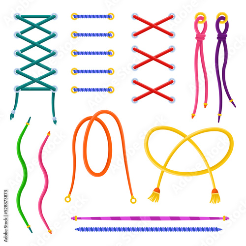 Colorful shoe or corset lacing cartoon illustration set. Different types or lacing. Cross, straight, gap, over under lacing techniques or methods. Cord with tassels. Garment, style concept