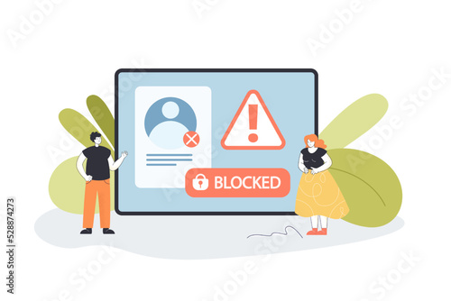 Sad users by phone with blocked account on screen. Denied profile access by tiny man and woman flat vector illustration. Network, social media concept for banner, website design or landing web page