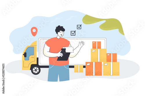 Control of unloading and loading boxes from delivery employee. Male character standing near truck flat vector illustration. Cargo, shipment concept for banner, website design or landing web page