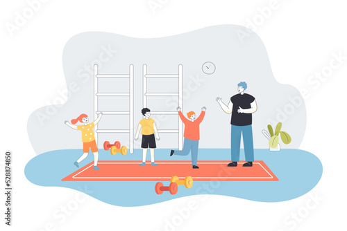 Teacher and kids doing exercises in school gym. Man teaching children physical culture on lesson flat vector illustration. Sport education concept for banner, website design or landing web page