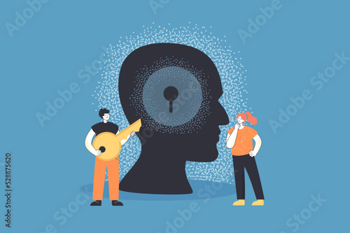 Tiny person holding key to keyhole in brain of abstract head. Man and woman opening lock flat vector illustration. Psychology, philosophy concept for banner, website design or landing web page