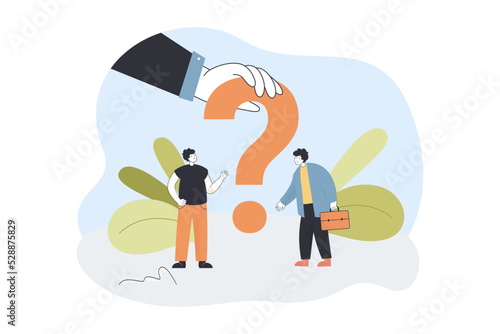 Hand holding question mark between tiny people in doubt. Thoughtful male characters thinking about answer flat vector illustration. Brainstorm concept for banner, website design or landing web page
