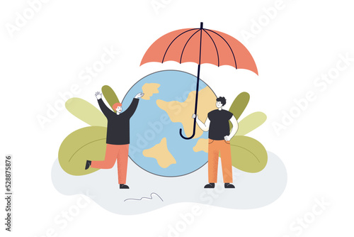 People holding umbrella over planet Earth. Male volunteers protecting environment and climate flat vector illustration. Nature conservation concept for banner, website design or landing web page