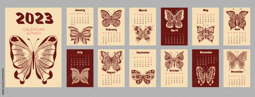 Calendar 2023 with butterfly in zentangle style. Week starts on Monday. Calendar 2023 with butterfly in zentangle style. Week starts on Monday.