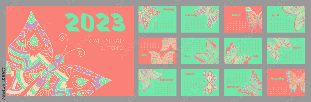 Calendar 2023 with butterfly in zentangle style. Week starts on Monday. Set of 12 pages and cover in size A3, A4, A5. Vector illustration in horizontal format. Calendar 2023 with butterfly in zentangle style. Week starts on Monday. Set of 12 pages and cover in size A3, A4, A5. Vector illustration in horizontal format.