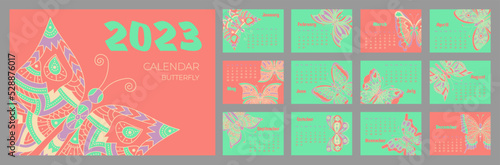 Calendar 2023 with butterfly in zentangle style. Week starts on Monday. Set of 12 pages and cover in size A3, A4, A5. Vector illustration in horizontal format.