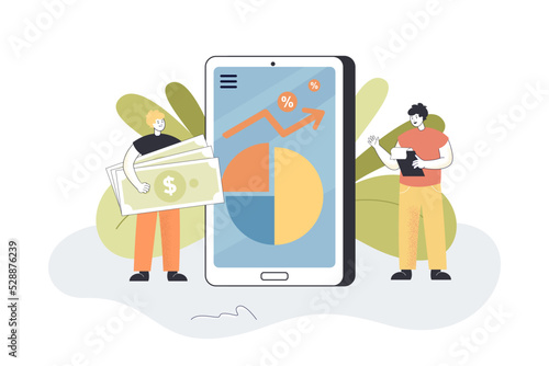 Tiny people using mobile app for business data analysis. Work of male characters with charts and graphs flat vector illustration. Optimization concept for banner, website design or landing web page