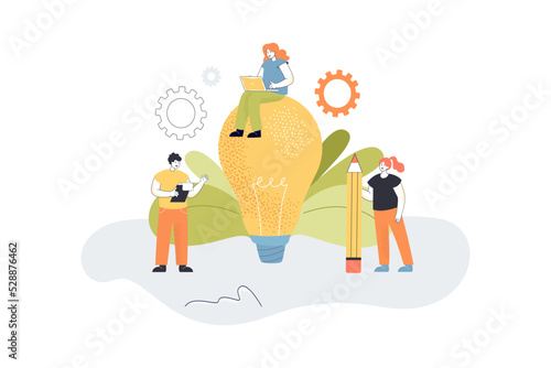 Creative tiny people working near big light bulb. Female and male characters with pencil and laptop flat vector illustration. Content creation concept for banner, website design or landing web page