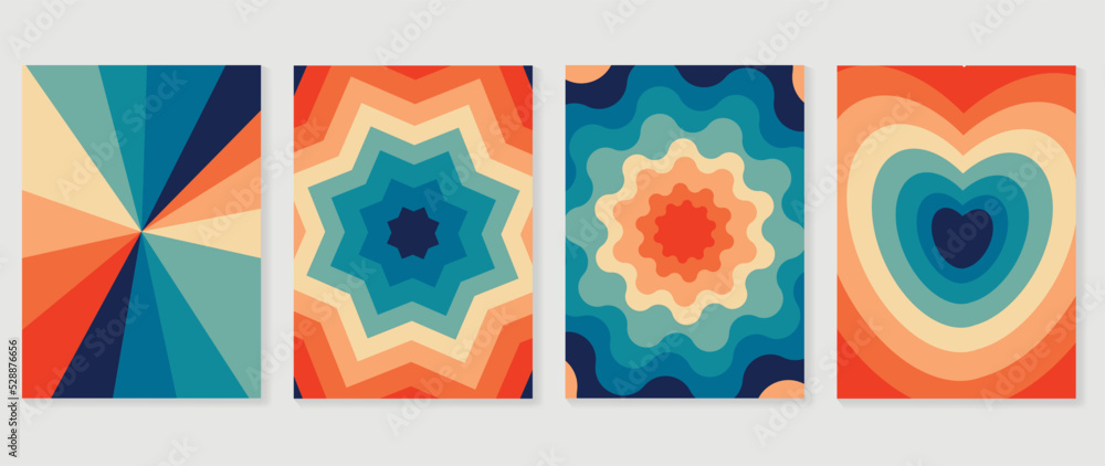 Set of groovy hippie background vector. Collection of retro trippy cover, wavy, heart, shapes, swirl psychedelic wallpaper. 70s groovy hippie illustration design for cover, banner, 60s, 70s, hippy.