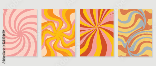 Set of groovy hippie background vector. Collection of retro trippy cover, wavy, spiral circle, swirl psychedelic wallpaper. 70s groovy hippie illustration design for cover, banner, 60s, 70s, hippy.