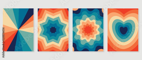 Set of groovy hippie background vector. Collection of retro trippy cover, wavy, heart, shapes, swirl psychedelic wallpaper. 70s groovy hippie illustration design for cover, banner, 60s, 70s, hippy.