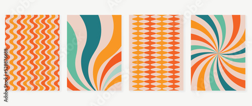 Set of groovy hippie background vector. Collection of retro trippy cover, spiral line, wavy, swirl psychedelic wallpaper. 70s groovy hippie illustration design for cover, banner, 60s, 70s, hippy.