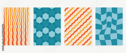 Set of groovy hippie background vector. Collection of retro trippy cover, grid, spiral, wavy, swirl psychedelic wallpaper. 70s groovy hippie illustration design for cover, banner, 60s, 70s, hippy.
