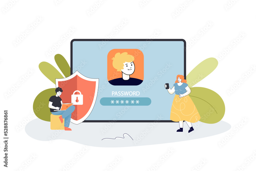 Users using password for account registration on phone screen. Protection of profile for tiny man and woman flat vector illustration. Privacy concept for banner, website design or landing web page Users using password for account registration on phone screen. Protection of profile for tiny man and woman flat vector illustration. Privacy concept for banner, website design or landing web page