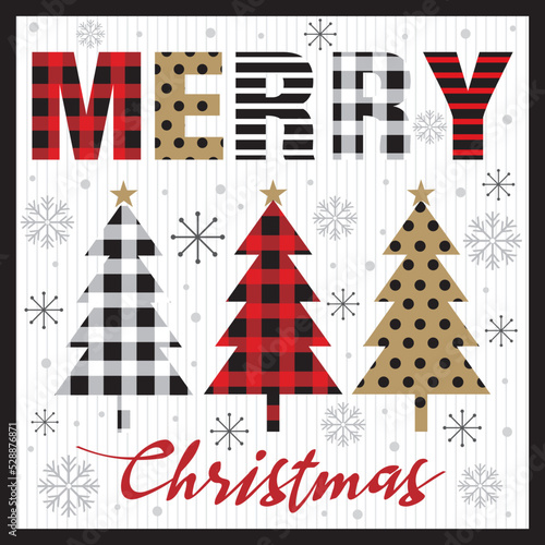merry christmas card with christmas tree and buffalo plaid