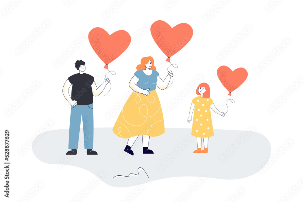 Mother, father and daughter holding balloons in shape of heart. Tiny man, woman and kid standing together flat vector illustration. Family, love concept for banner, website design or landing web page Mother, father and daughter holding balloons in shape of heart. Tiny man, woman and kid standing together flat vector illustration. Family, love concept for banner, website design or landing web page