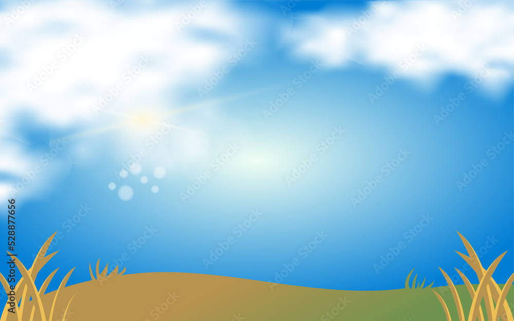 Background morning sky with clouds and sun with green grass