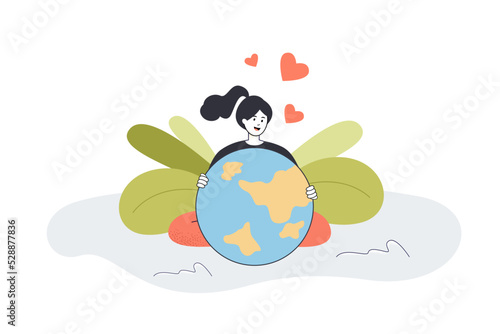 Girl with red hearts above head holding Earth globe. Care, love for environment and nature from person flat vector illustration. Activism concept for banner, website design or landing web page