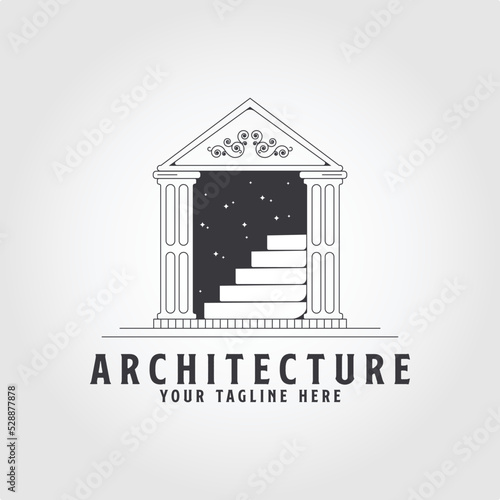 Vintage gate vector design. Portal door with stair and stars in the night sky logo design template vector illustration