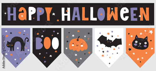 Cute Hand Drawn Halloween Decoration Set. Garland and Banner with Cats,Bat,Pumpkin and Stars on a Black,Violet and Gray Background.Handwritten Happy Halloween.Black Kitty, Funny Pumpkin and Cool Bat. 