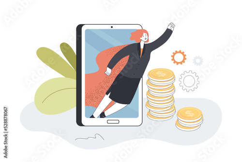 Businesswoman superhero flying from phone screen. Success and financial growth of tiny woman in cape of hero flat vector illustration. Leadership concept for banner, website design or landing web page