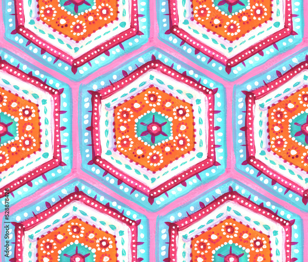 Fototapeta premium Seamless pattern of hexagonal elements. The colors used are mint, pink, orange and purple. Drawn in gouache in an expressive style. The texture of the paper and strokes of paint are visible.