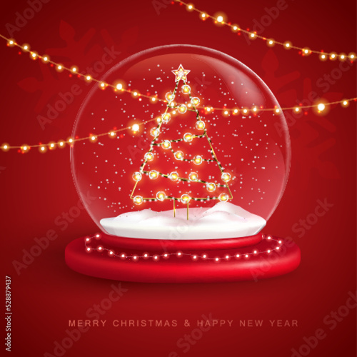 Christmas snow globe with Christmas tree. Merry Christmas and Happy new Year holiday greeting card. Vector illustration