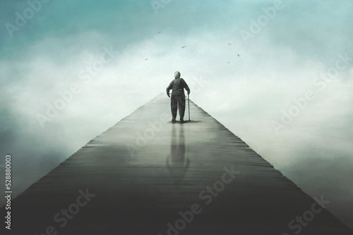 surreal illustration of an old woman walking across a bridge to infinity
