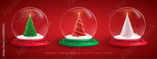 Set of Christmas snow globes with 3D Christmas tree. Merry Christmas and Happy new Year holiday greeting card. Vector illustration