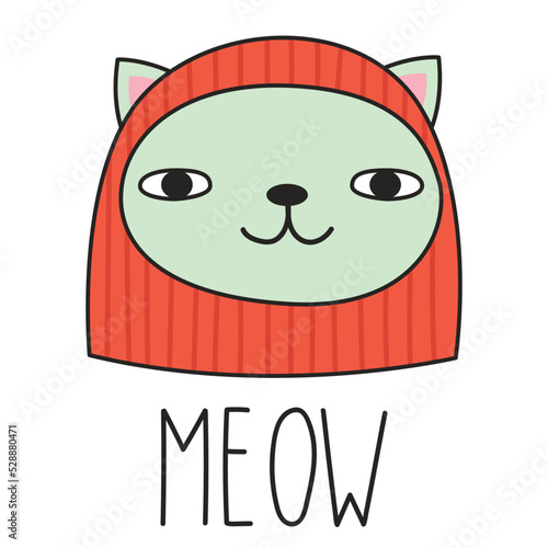 Cute cat in a red balaclava and lettering MEOW. Doodle style. Vector illustration
