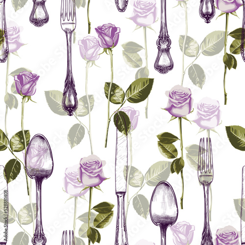 .Hand drawn seamless pattern with roses and antique cutlery. Vintage serving items on a floral pastel background. Vector illustration..