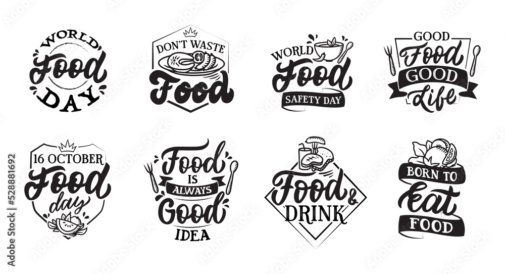 The set of lettering badges on Food day. The doodle style in black The set of lettering badges on Food day. The doodle style in black
