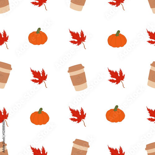 autumn pattern with pumpkin latte and autumn leaves. Autumn pattern for autumn design