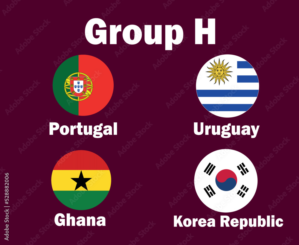 Portugal South Korea Uruguay And Ghana Flag Emblem Group H With Countries Names Symbol Design football Final Vector Countries Football Teams Illustration