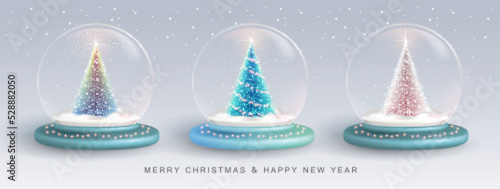 Set of Christmas snow globes with 3D Christmas tree. Merry Christmas and Happy new Year holiday greeting card. Vector illustration