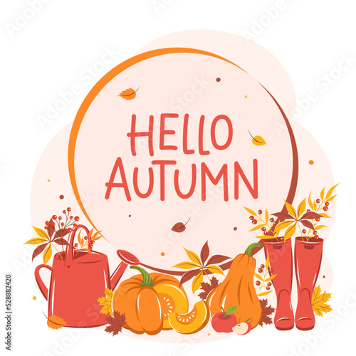 Hello autumn. Design banner with with pumpkin, wellies boots, watering can and autumn leaves. Vector illustration.
