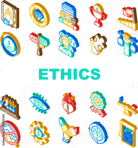 business corporate ethics company icons set vector. integrity trust, honesty value, moral ethics, social culture, responsibility core business corporate ethics company isometric sign illustrations