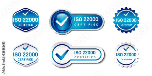 ISO 22000 Certified Label Stamp. Food Safety Management System Sign. With check icon. On gradient blue and white color. Premium and luxury emblem vector template