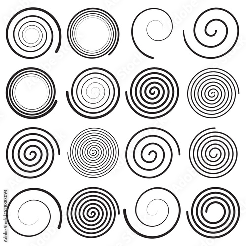 Set of spiral elements. Spiral icon set. Swirl, helix, gyre, curl, loop symbol. Flat design. Vector illustration