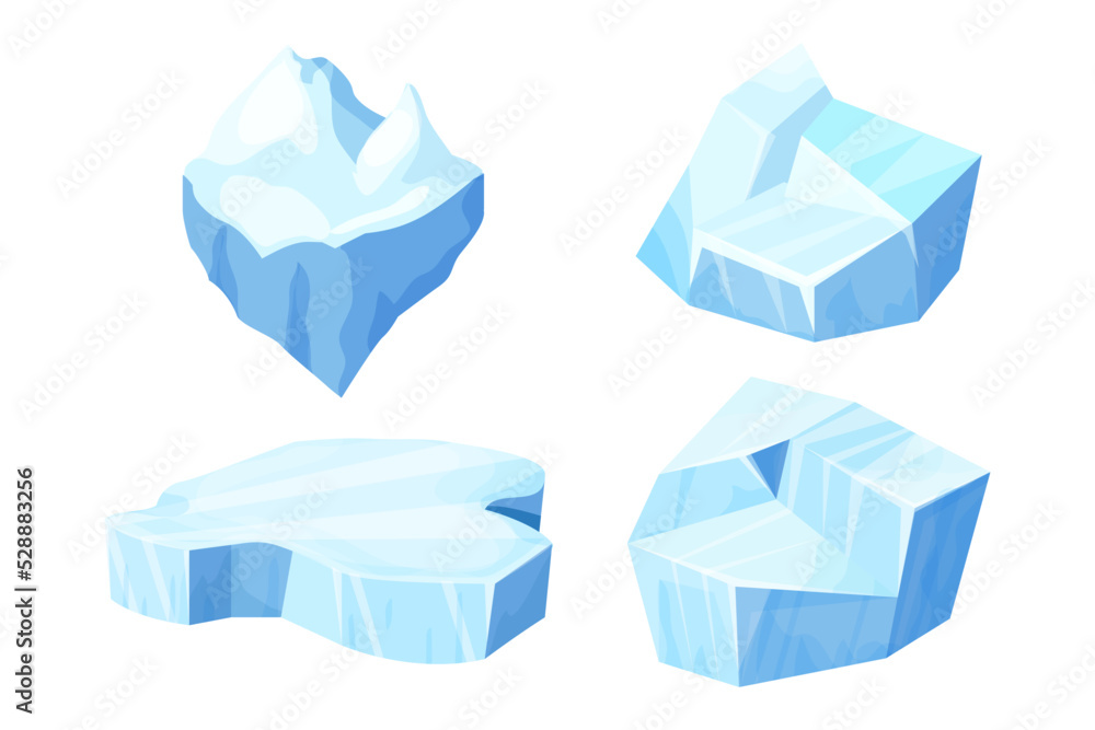 Set Ice floe, frozen water piece, iceberg in cartoon style isolated on white background. Polar landscape element, ui game asset. Winter decoration. Set Ice floe, frozen water piece, iceberg in cartoon style isolated on white background. Polar landscape element, ui game asset. Winter decoration.