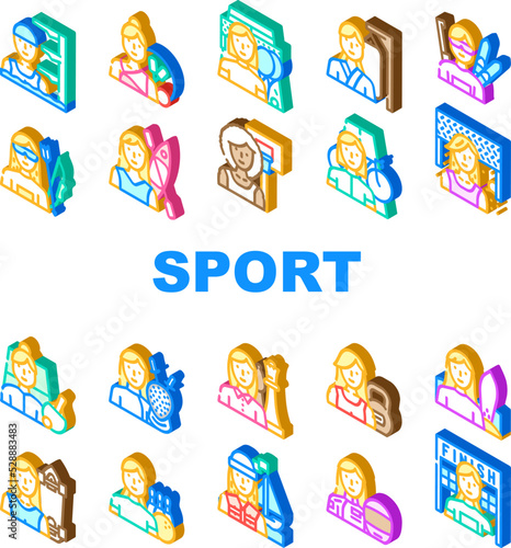 female sport woman exercise icons set vector. girl athlete  workout training  young people  healthy active gym lifestyle fitness female sport woman exercise isometric sign illustrations