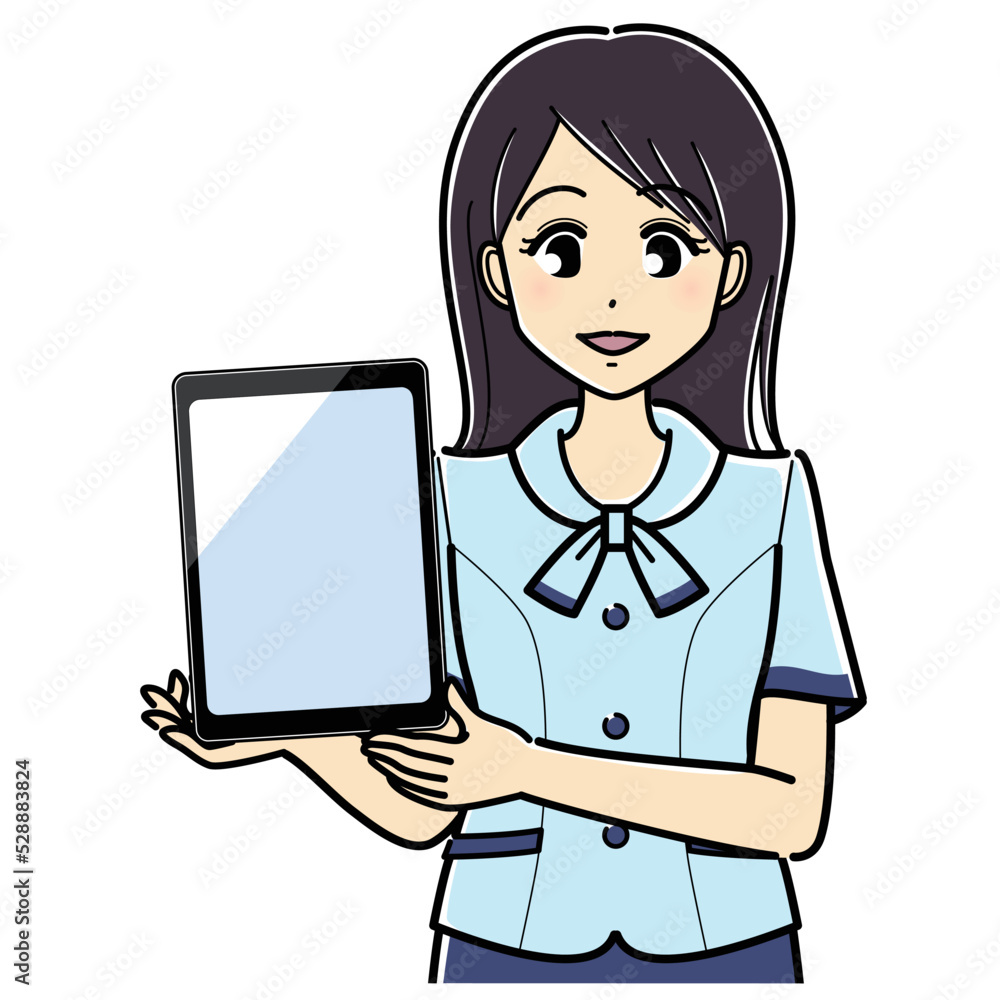 タブレットを見せるオーバーブラウスの女性（上半身・タブレット縦）.