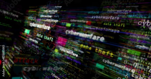 Cyberwarfare media and abstract screen 3d seamless looped. Fly between glitch and noise text concept of cyber attack, war, digital battlefield, espionage and data theft.