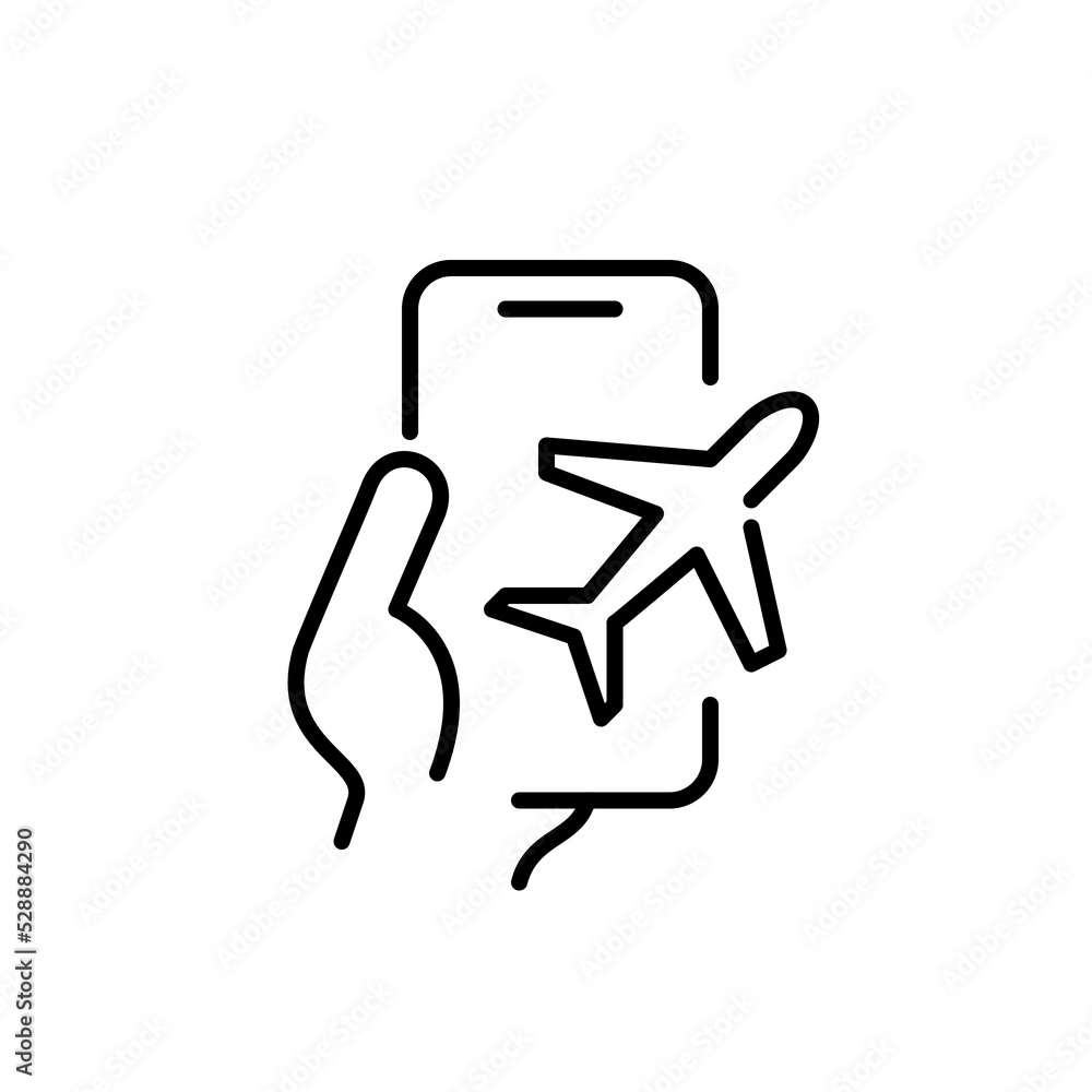App for buying tickets or tracking flights. Hand holding a smartphone. Pixel perfect, editable stroke line App for buying tickets or tracking flights. Hand holding a smartphone. Pixel perfect, editable stroke line