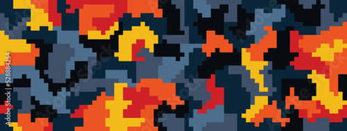 Digital lava flow camo, seamless black orange pattern for your design. Camouflage sporty fiery coloring, modern fabric print. Abstract repeating wallpapers. Vector pixel art texture