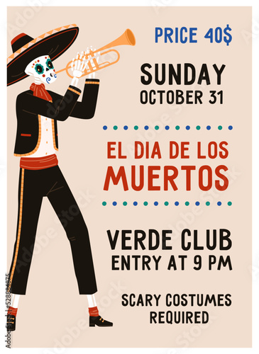 Mexican Day of Dead poster, flyer card design with skeleton in sombrero. Vert...