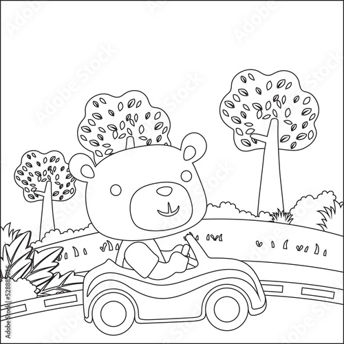 Vector cartoon of funny bear driving car in the junggle. Cartoon isolated vector illustration  Creative vector Childish design for kids activity colouring book or page.
