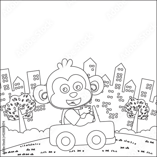Vector cartoon of funny monkey driving car in the junggle. Cartoon isolated vector illustration, Creative vector Childish design for kids activity colouring book or page.