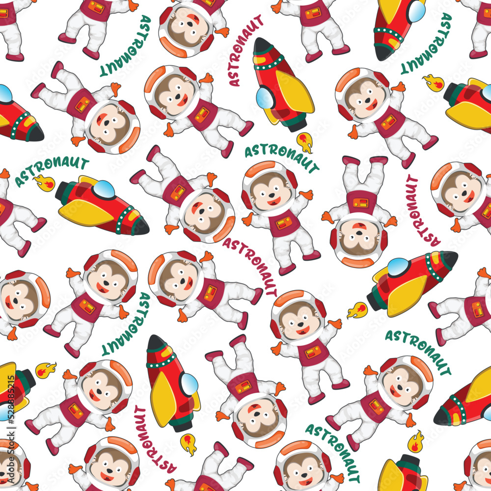 Naklejka premium Childish seamless pattern with cute monkey astronaut on space. Can be used for t-shirt print, Creative vector childish background for fabric textile, nursery wallpaper and other decoration.