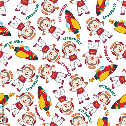 Childish seamless pattern with cute monkey astronaut on space. Can be used for t-shirt print  Creative vector childish background for fabric textile  nursery wallpaper and other decoration.